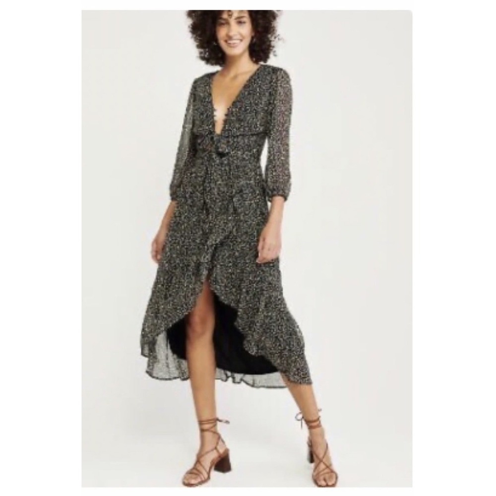 Abercrombie Fitch Floral Print Ruffle Wrap Midi Dress Black Size S NEW